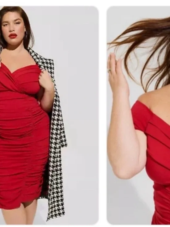 torrid Red Off-Shoulder Ruched Midi Dress - Picture 2 of 5